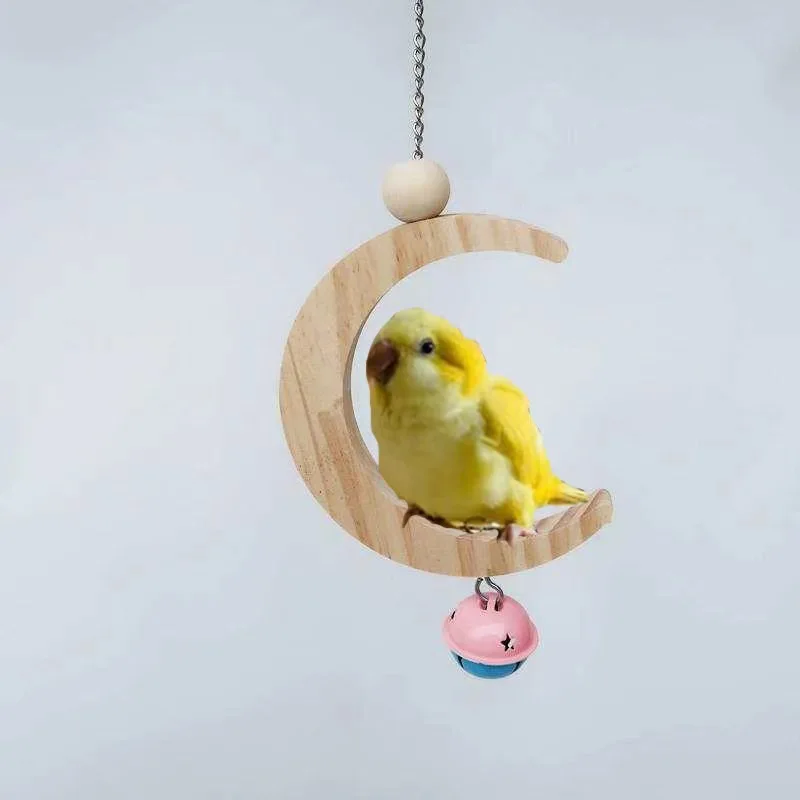 

Parrot Supplies Bird Toys Solid Wood Moon Shaped Swing Wooden Grinding Teeth Ringing Bell Puzzle Toys