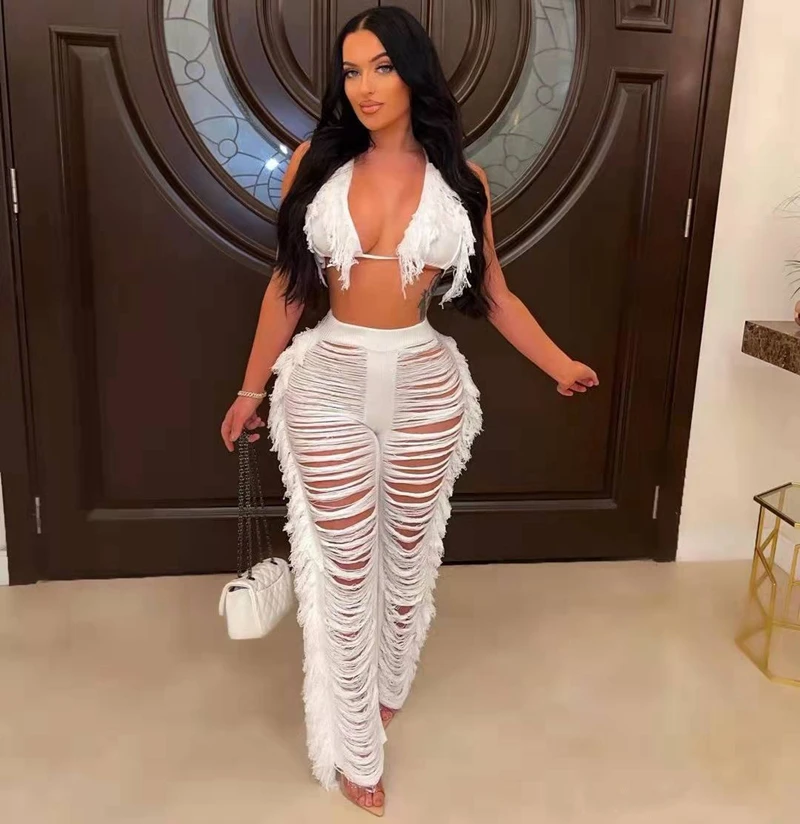 Knitted Tassel Sexy Two Piece Set Beach Outfits Women Halter Neck Crop Top And Hollow Out Pants 2022 Vacation Matching Sets