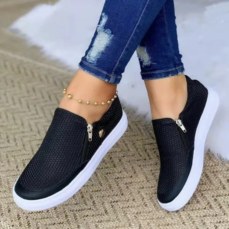 Large Size Women's Shoes 2022 Spring and Summer New Fashion Casual Mesh Zipper Flat Heel Round Toe Women's Flat Casual Shoes 43