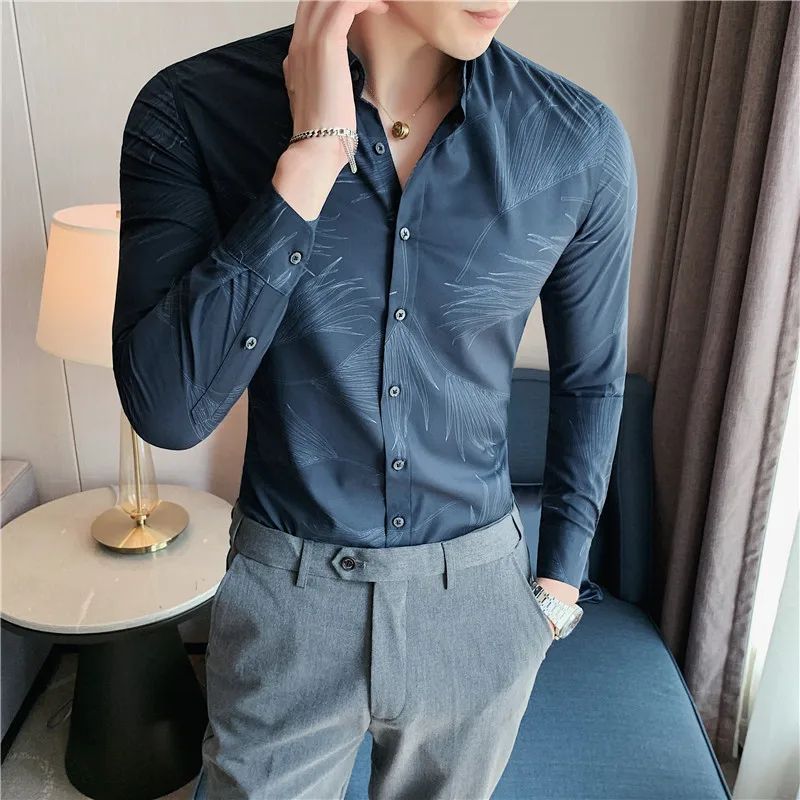 Business Casual Shirts for Men's 2021 Autumn Slim Fit Social Formal Dress Shirt Streetwear Party Tuxedo Blouse Chemise Homme