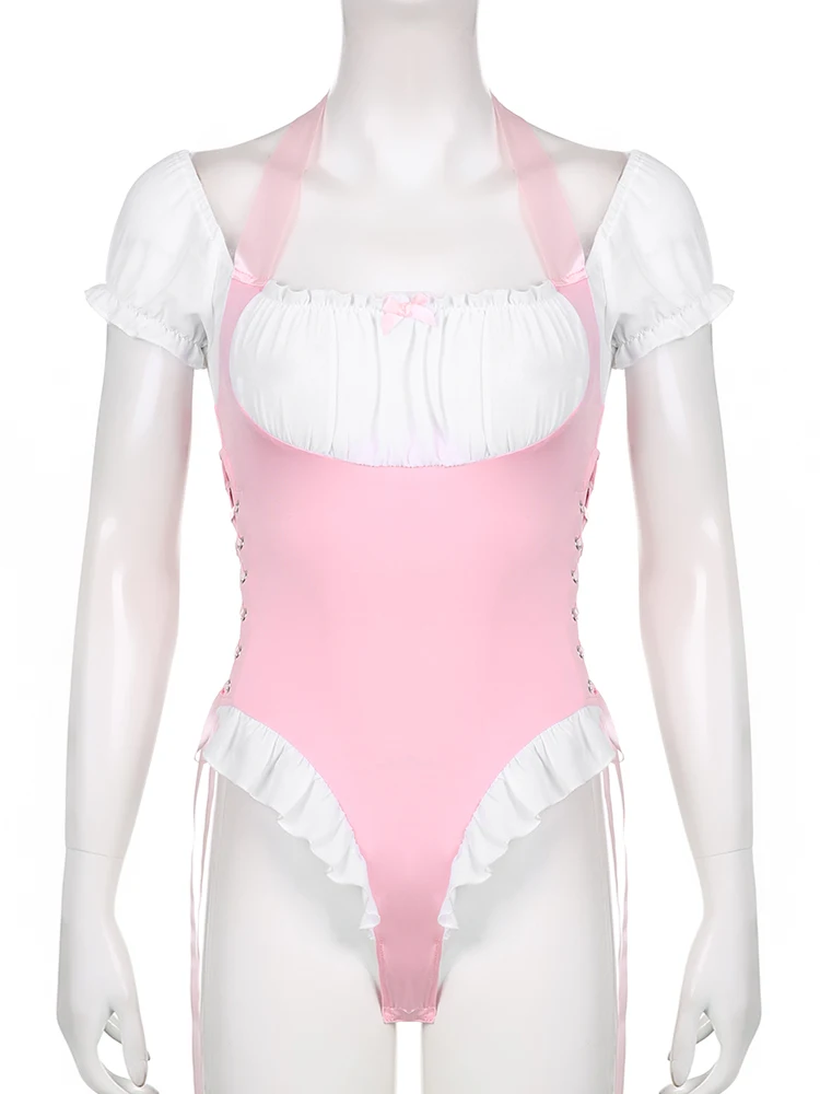 Сексуальное боди IAMHOTTY в стиле пэчворк с оборками и боковым поясом женский милый