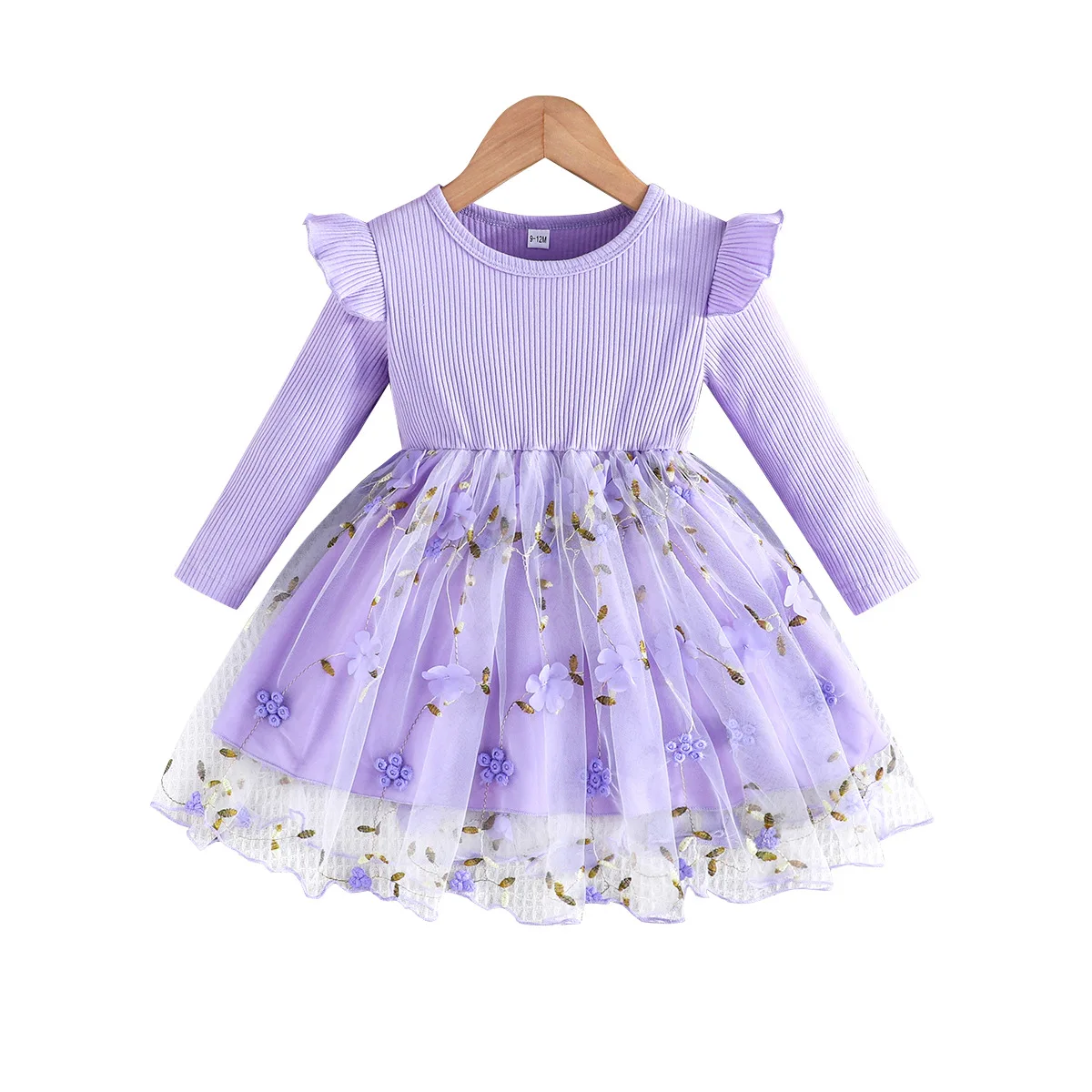 Зимнее платье для девочек 2024 с длинным рукавом оборками цветами и бантом