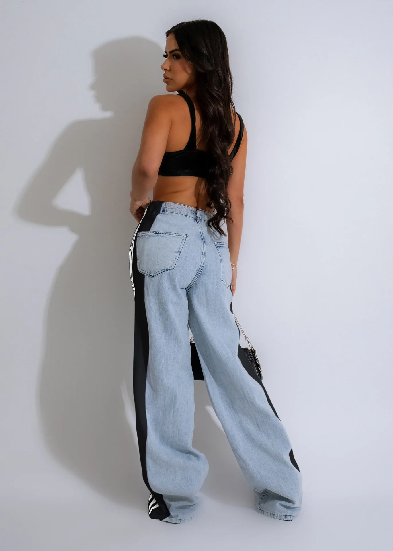 Damskie spodnie jeansowe Summer Fashion Side Patchwork Striped Wide Leg Jeans Lady Casual High Waist Elastic Denim Straight Pants