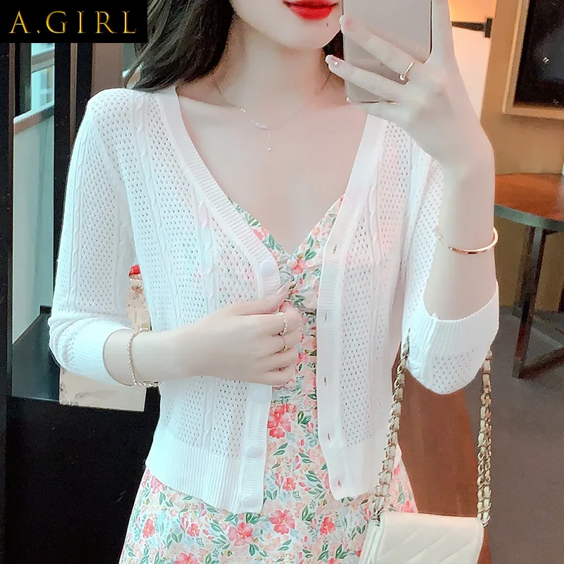 

Hollow Out Cardigan Women Three Quarter Sleeve Thin Summer Crop All-match Females Tender Prevalent New Arrival