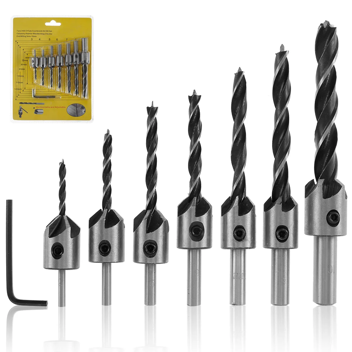 

7Pcs Countersink Drill Bits HCS Drill 3/4/5/6/7/8/10mm Punching Drill Bit Three-Pointed Reamer Bits Woodworking Hole Drill Bits