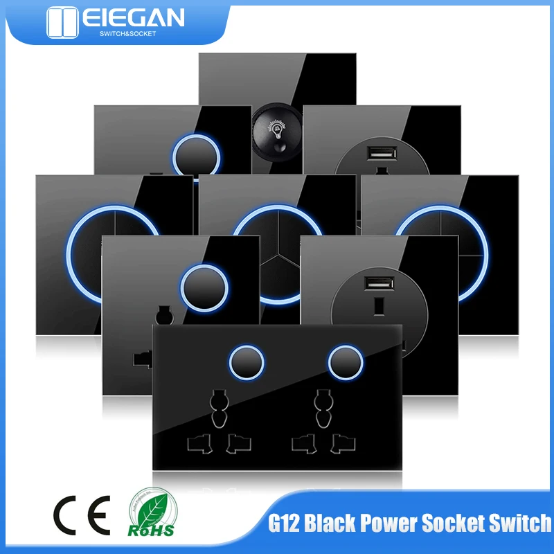 

86*86mm 1 2 3 4 Gang AC110-250V Wall USB Switch Tempered Glass Panel Circle LED Indicator Power Socket Outlet Lamp Switches