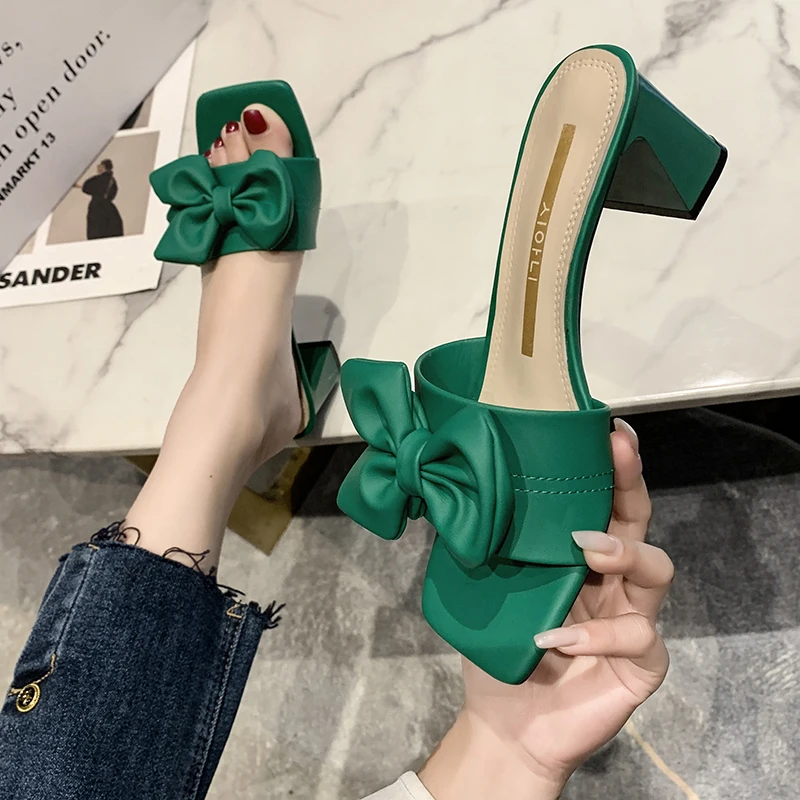 

2022Summer Women's slippers Sweet Satin Bowtie Clear High Heels Slipper Sandals Sexy Square Toed Party Dress Woman shoes