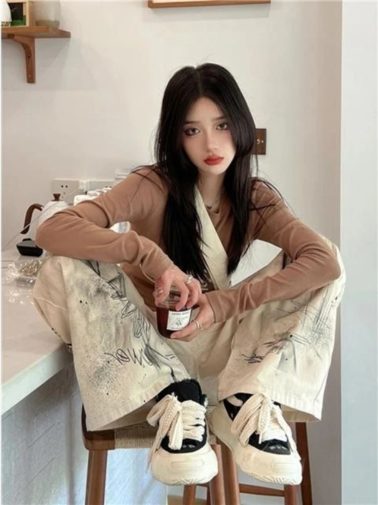 HOUZHOU Harajuku Y2k Jeans Women Grunge Hippie Oversized Denim Trousers Vintage Beige Wide Leg Graphic Pants Streetwear Female