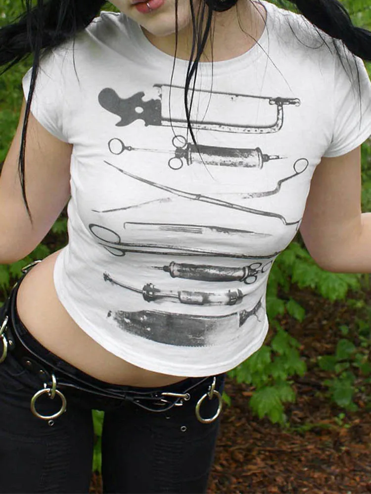 Темная укороченная футболка с принтом готические повседневные тонкие футболки