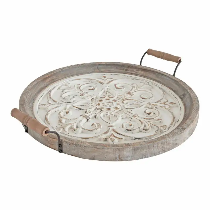 

Hillrose Round Wooden Tray, 18 inch diameter, Rustic Brown and White, Decorative Tray for Serving, Display, and Storage Cake Fru