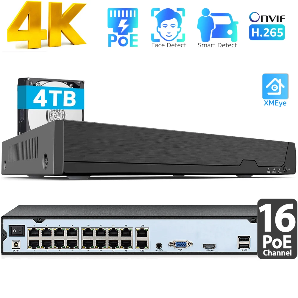 16-канальный 4K POE NVR (8MP/6MP/5MP/4MP/3MP/1080P) сетевой видеорегистратор (16-портовый PoE) до 16x