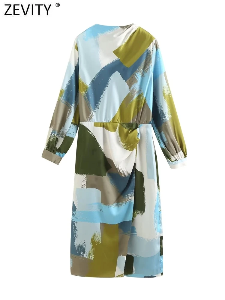 

Женское атласное платье миди Zevity, винтажное платье с круглым вырезом и геометрическим принтом, повседневное шикарное платье на молнии сзади, модель DS3405