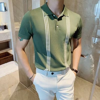summer ice silk short sleeved polo shirt stitching british slim fit stretch lapel casual stretch mens knitted sweater