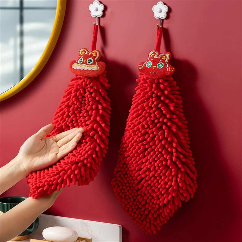 

Chenille Wipes Towels in the Year of the Rabbit 2023, Hanging Cute Wedding Handball Wiping, Red Celebration Cartoon Kitchen