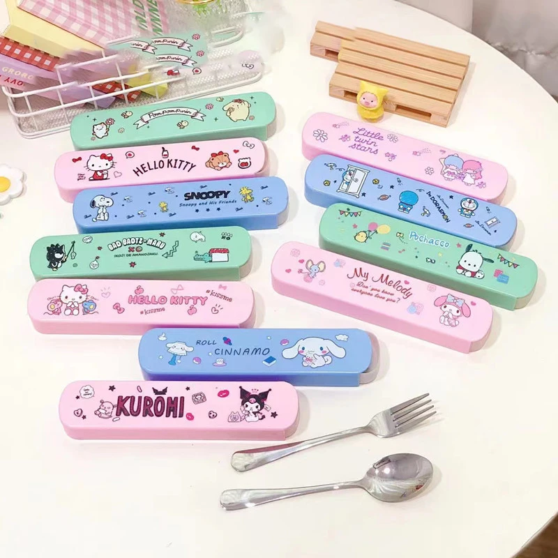 

Милая аниме My Melody Cinnamoroll Kuromi Sanrioed, милая мультяшная столовая посуда из нержавеющей стали, два предмета, подарок на день рождения