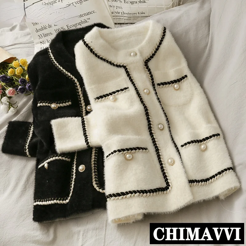 

2021 New Mink Cashmere Loose Sweater Cardigan Jacket Women Autumn and Winter Short Bright Silk Stripe Thickened Knitted Top Coat