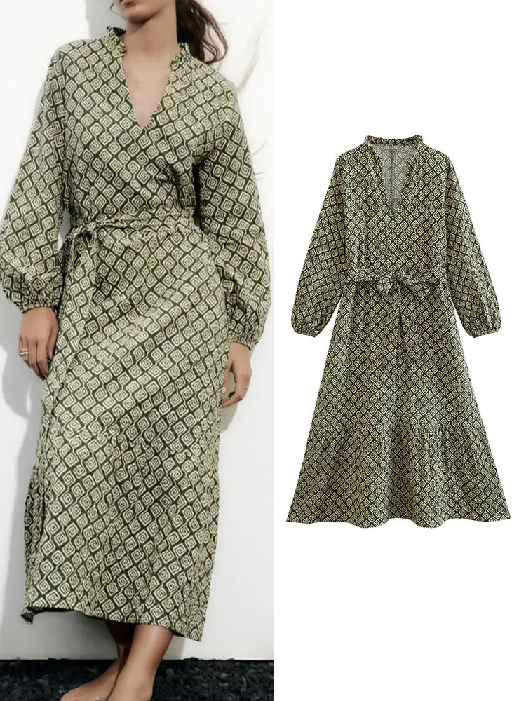 

TRAF Elegant Women Geometric Printed Dresses With Belt 2023 Summer V-neck Long Sleeve Dress A-line Beach Style Mid-Calf Vestidos