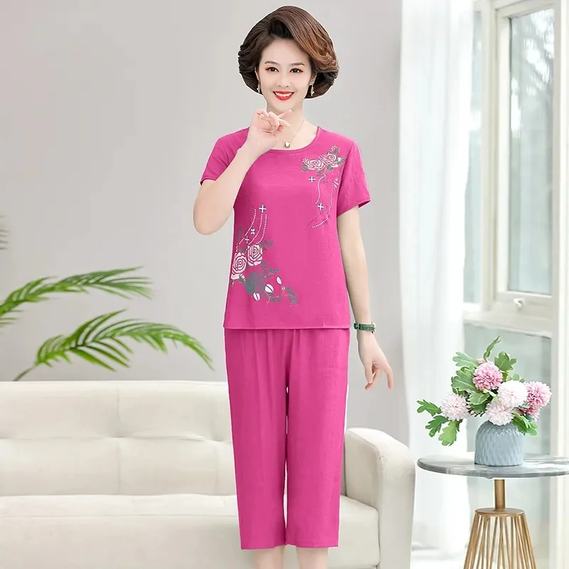 Новинка лета 2024 комплект из двух предметов хлопка и льна футболка костюм для мам