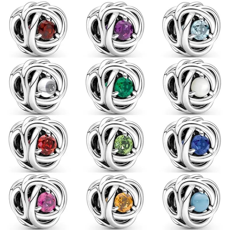 

Openwork Multicolor Month Signature Birthstone Eternity Circle Beads 925 Sterling Silver Charm Fit pandora Bracelet DIY Jewelry