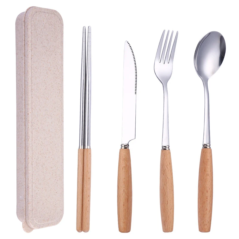 

Portable Utensils Set With Case-4 Pieces Wood Handle Reusable Flatware Set Fork Spoon Stainless Steel Portable Travel Utensil Se
