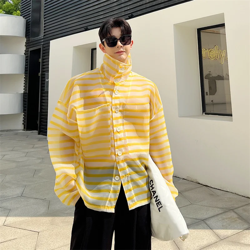 

SYUHGFA Korean 2023 Summer Men Striped Shirt Long Sleeve Sunscreen Shirts Versatile Male New Fashion Tops Niche Design