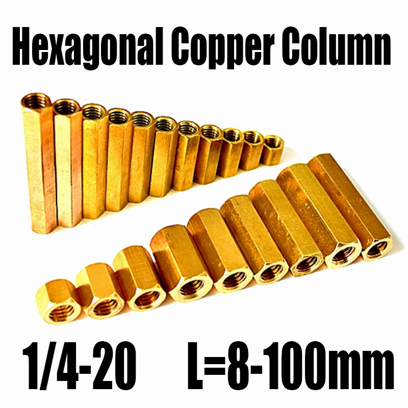 

1PCS 1/4-20 Double Pass Hexagonal Copper Column Brass Hex Male Female Standoff Pillar Stud Hex Hollow Nut Screw Column 8-100mm