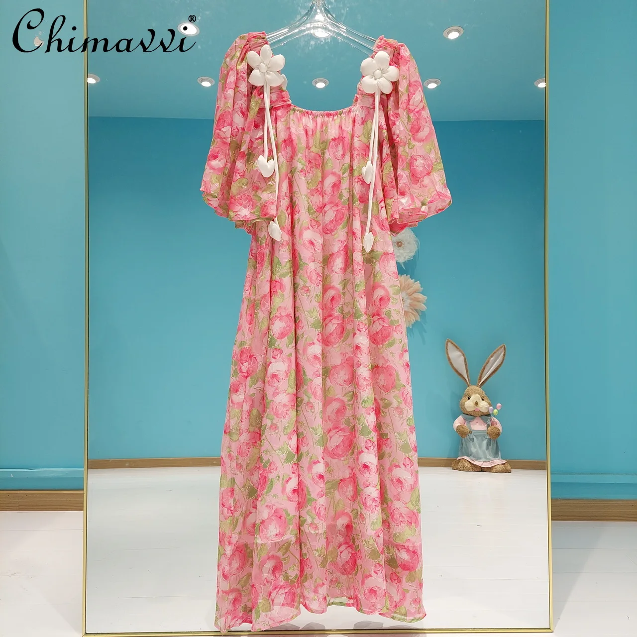 

Korean Sweet Off-Shoulder Sexy Detachable Flowers Dresses Fashionable Printed Oversized Loose A- Line Dress Women 2022 Summer