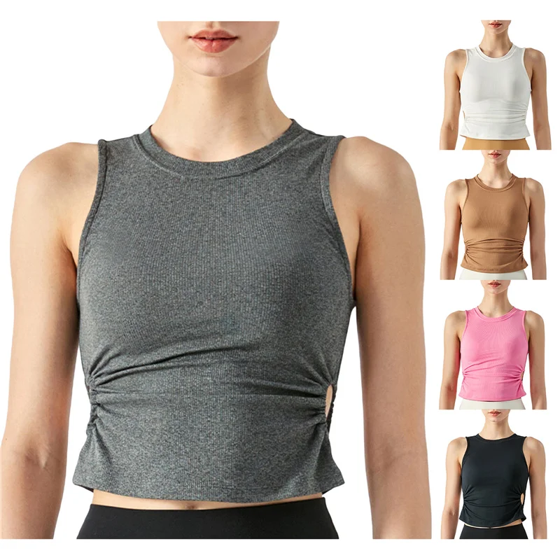 

Женский жилет для фитнеса с круглым вырезом, без рукавов, с боковой талией, с вырезами и рюшами, однотонные спортивные майки для йоги