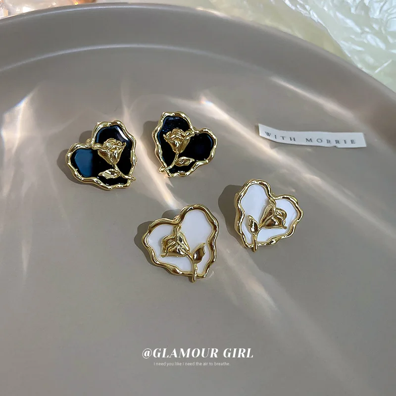 

Minar Stylish Black White Color Enamel Love Heart Stud Earrings for Women Gold Color Tulip Statement Earring Holiday Jewelry