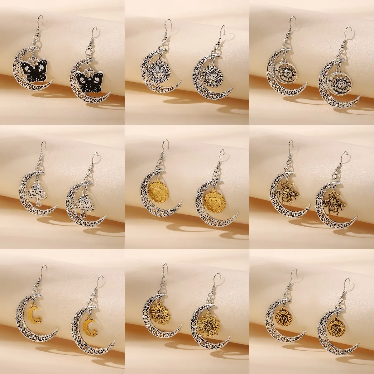 

Gothic Vintage Moon Earrings For Women Girls Fashion Skull Butterfly Sun Mushroom Sunflower Charm Silver Color Moon Earrings New