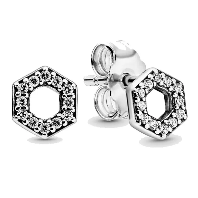 

Authentic 925 Sterling Silver Sparkling Honeycomb Hexagon With Crystal Stud Earrings For Women Wedding Gift Fashion Jewelry