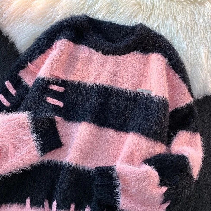 

Японский полосатый женский свитер, корейский мягкий плотный свитер с круглым вырезом, Женский вязаный пуловер с длинным рукавом, женский свитер