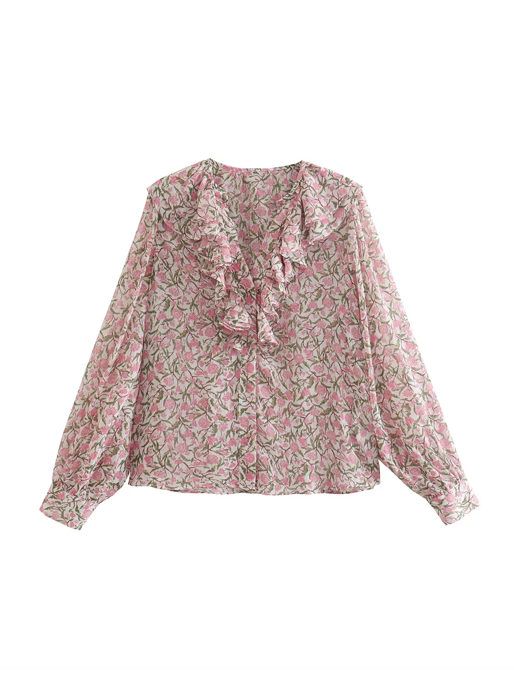 

Tops Women 2022 Vintage Floral Print Blouse Elegant Ruffle Trim V Neck Lightweight Chiffon Blouse Button Up Long Sleeve Shirt