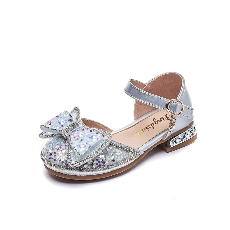 

Сандалии для девочек на низком каблуке, детские модные шикарные сандалии принцессы с бантом и блестками, для детской свадьбы, 2023