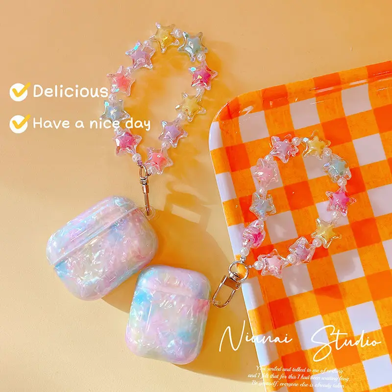 

INS Cute Colorful Star Keychain For apple AirPods 3rd Gen Gorgeous Shell Glossy Wireless Earphone Case Cover for airpods 2 3 Pro