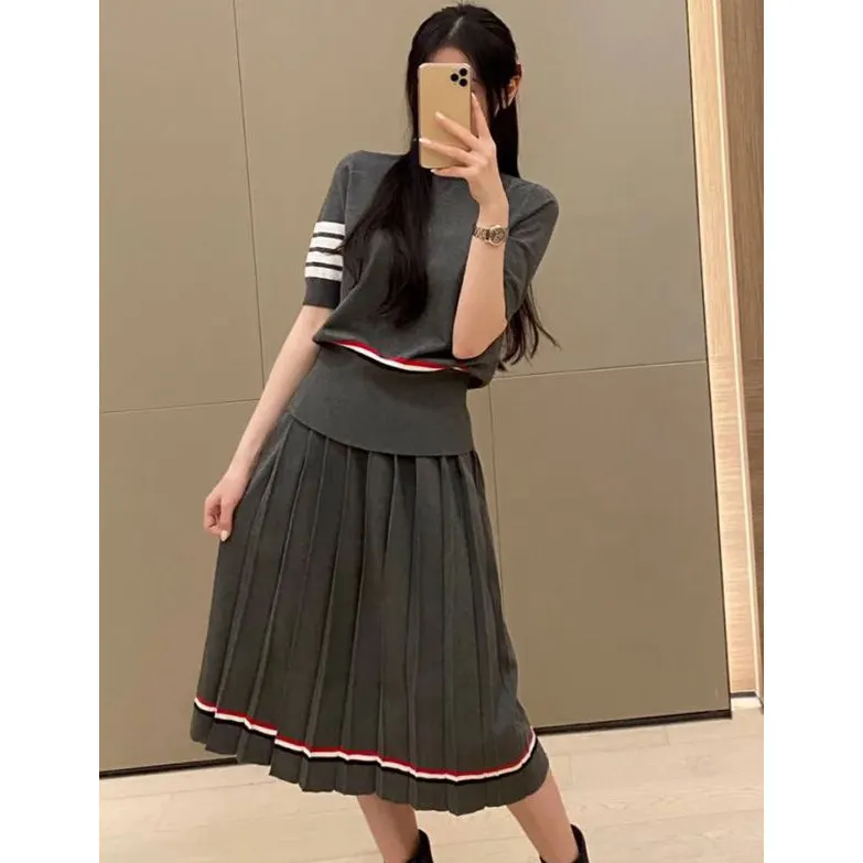 Lairen suit women's spring and summer TB pleated midi skirt wool knitted round neck short sleeve T-shirt skirt two-piece skirt