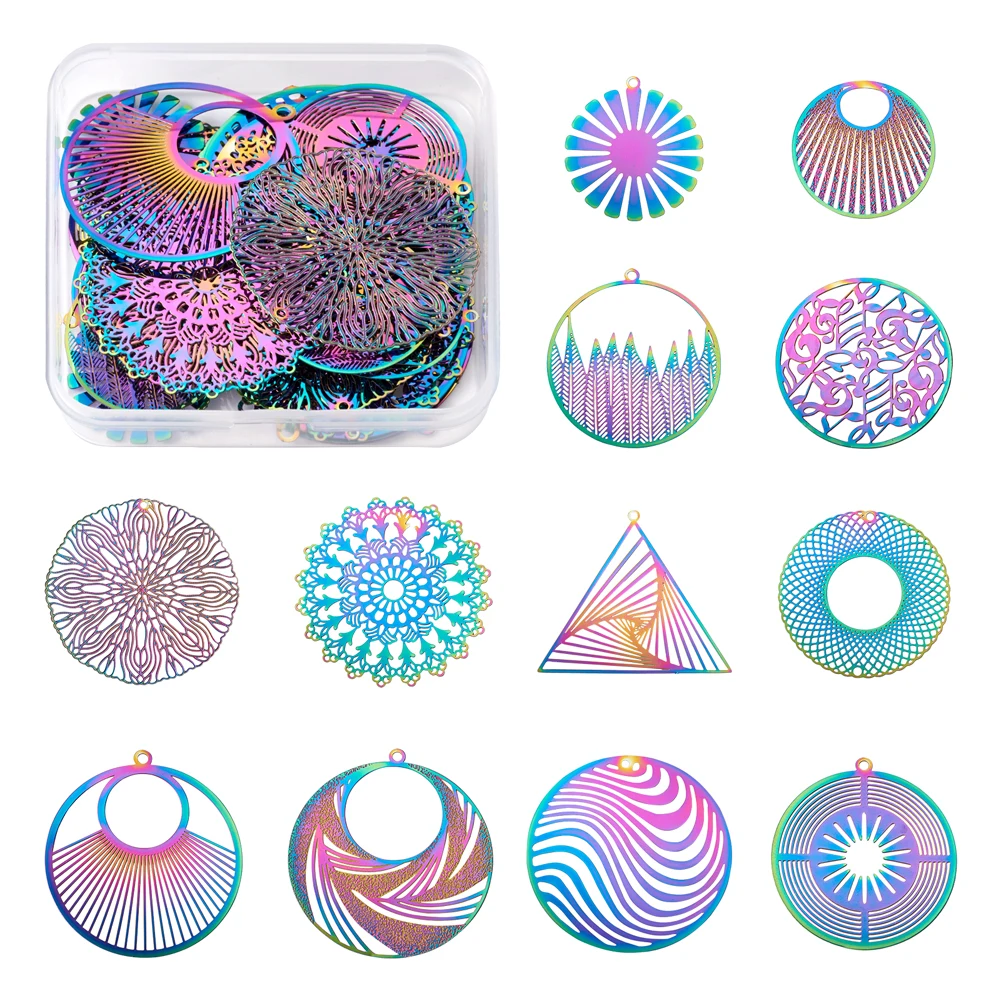

Totem Pattern Stainless Steel Filigree Pendant 48pcs Multi-color Ion Plating Etched Metal Hollow Charms DIY Jewelry Decor Making