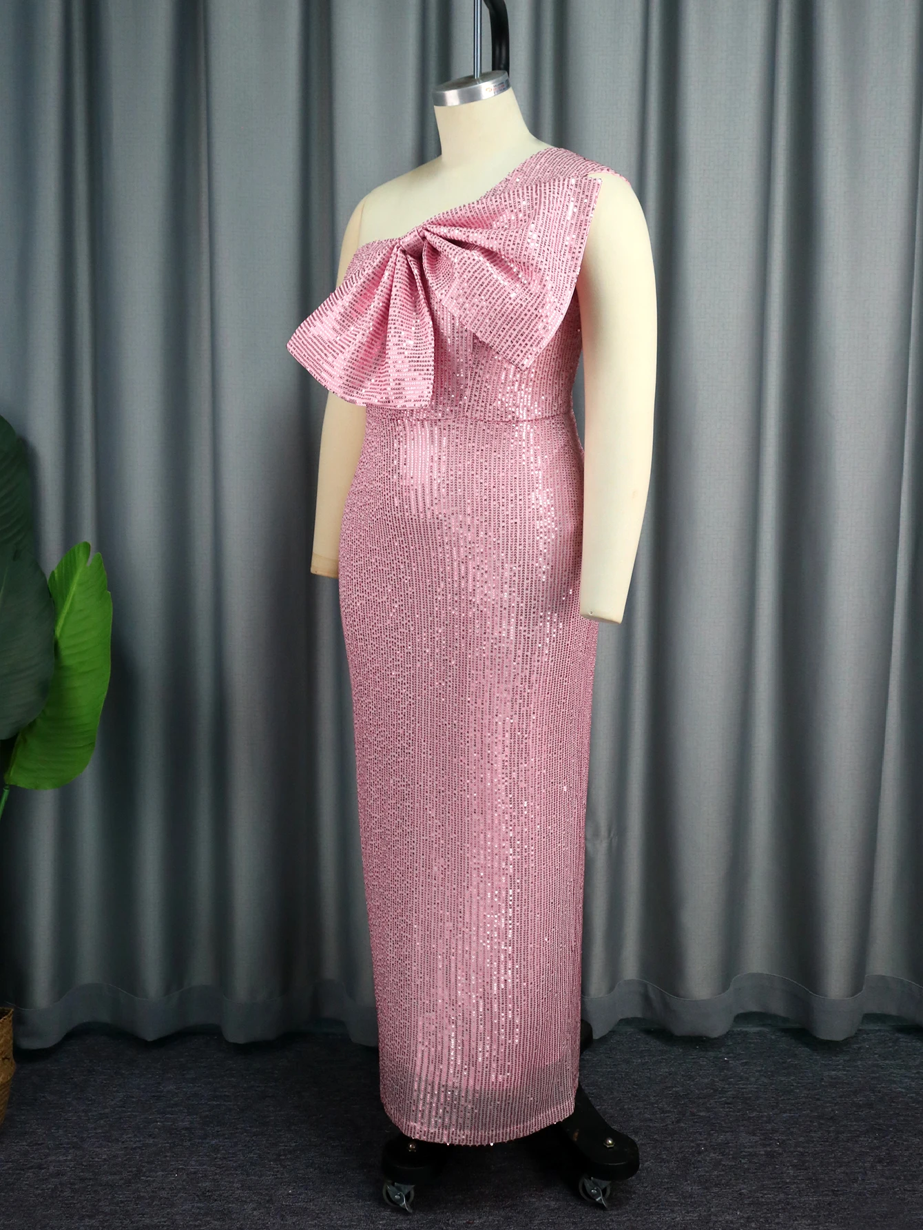 Women's Pink Party Long Dresses Sequins Cold Shoulder Bowtie Robe for Evening Birthday Wedding Guest Quinceanera Gowns Plus Size