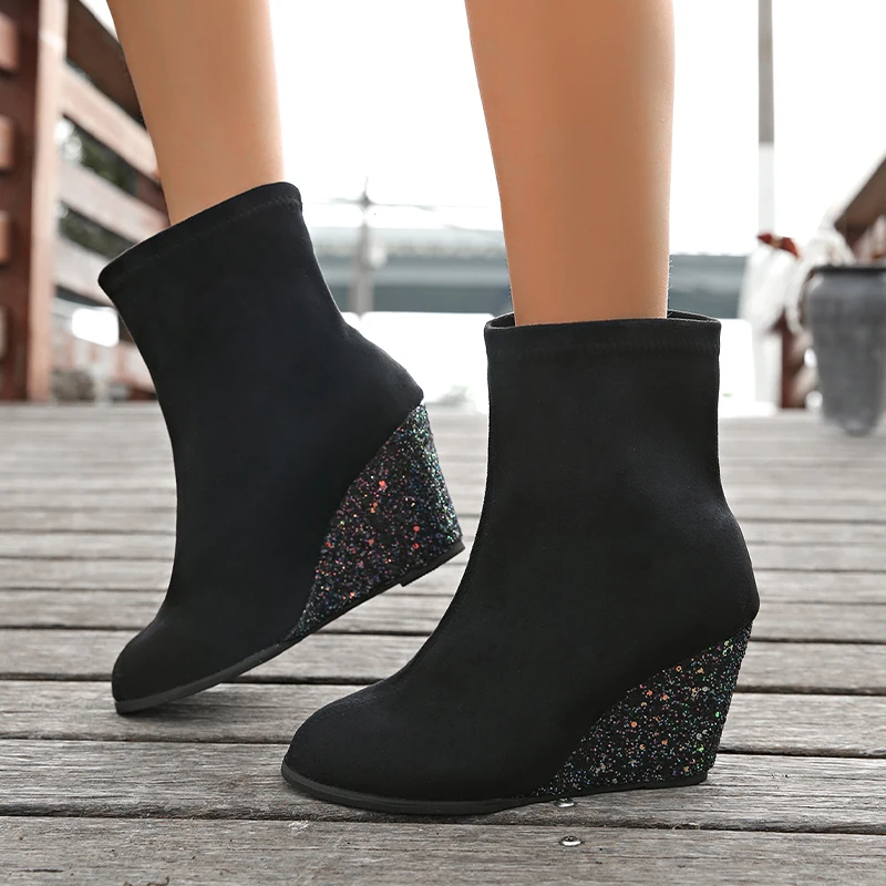 2024 Дизайнерские женские ботильоны на танкетке замшевая обувь каблуке зимние