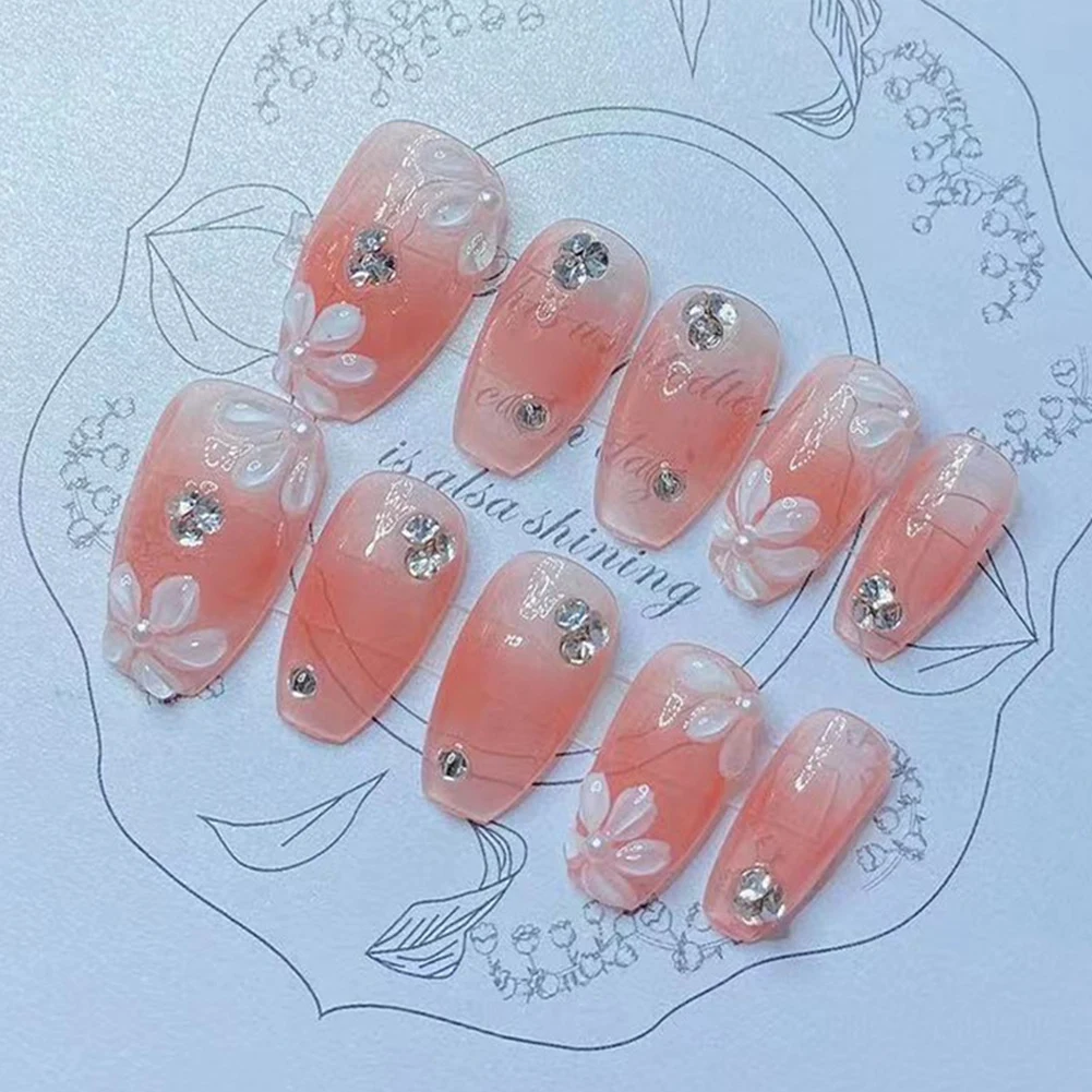 

24PCS Long Press on Nails Floral Painted Design Sweet Style Full Coverage Nails Removable Save Time Artificial Nails AC889