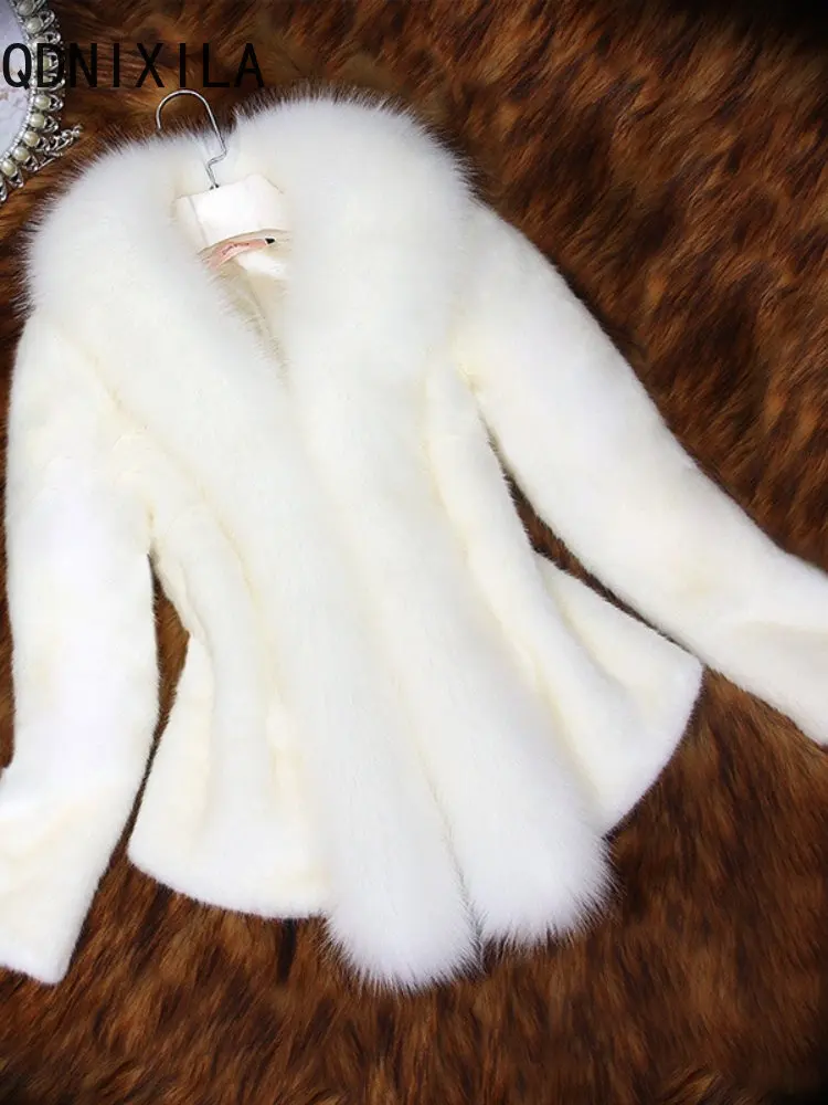 

2022 Winter New In Korean Fashion Short Imitation Mink Fur Slim Coat Fox Fur Collar Fur Coat Women Long Sleeve Top Fur Coat