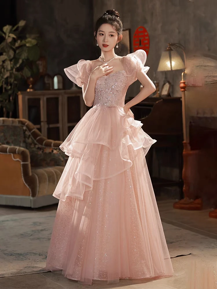 Nagodo  2023 New In High-end Luxury Pink Off Shoulder Evening Long DressesWomen Strapless Shiny Mesh Tulle Party Prom Dresses