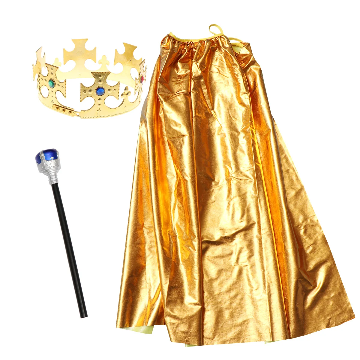 

3Pcs/ Set Costume Set Kids King Robe Cane Set Royal Golden Cloak for Performance Props ( Cane Style Random )