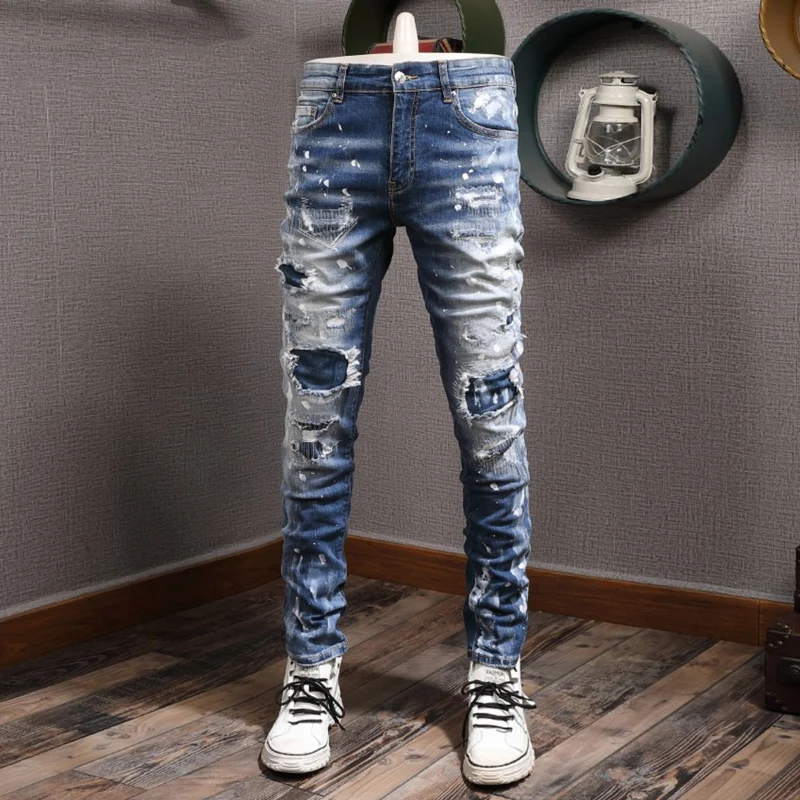 Streetwear Fashion Men Jeans Retro Blue Stretch Elastic Slim Fit Ripped Jeans Men Painted Designer Hip Hop Brand Pants Hombre