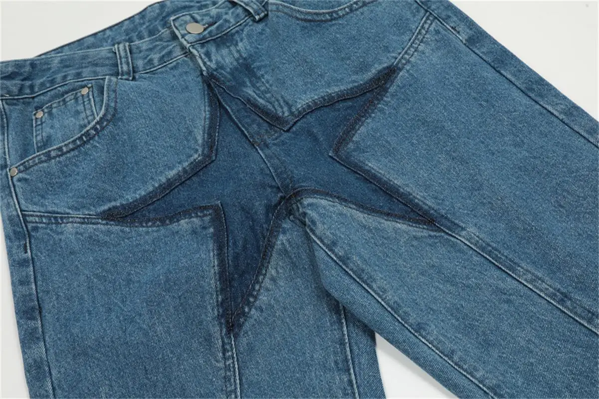 Men's fashion street hip-hop design sense pentagram personality stitching washed jeans side zipper straight trousers