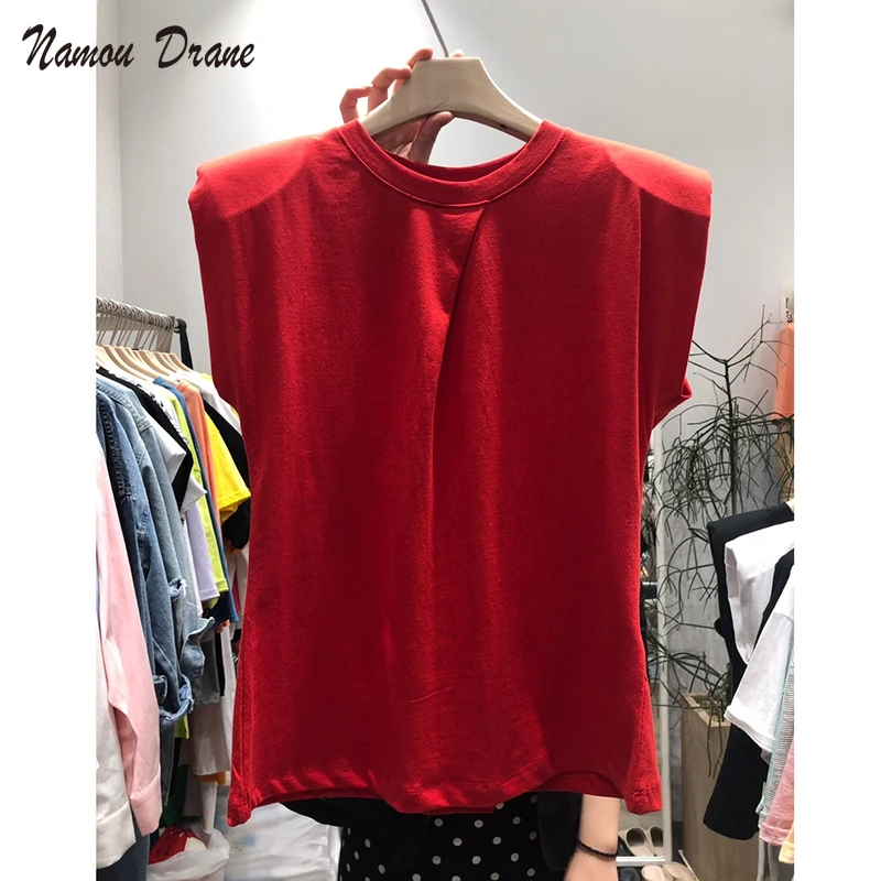 

Namou Drane 2022 Summer New Fashion Shoulder Pad Vest Women's Pleated Design Round Neck Short-sleeved T-shirt Top