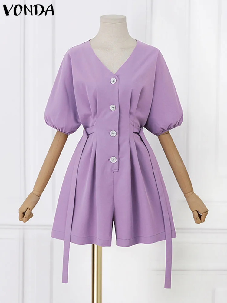 Jumpsuits Women Rompers 2023 VONDA Summer Fashion Short Sleeve V Neck Puff Sleeve Pleating Playsuit Casual Streetwear Oversize