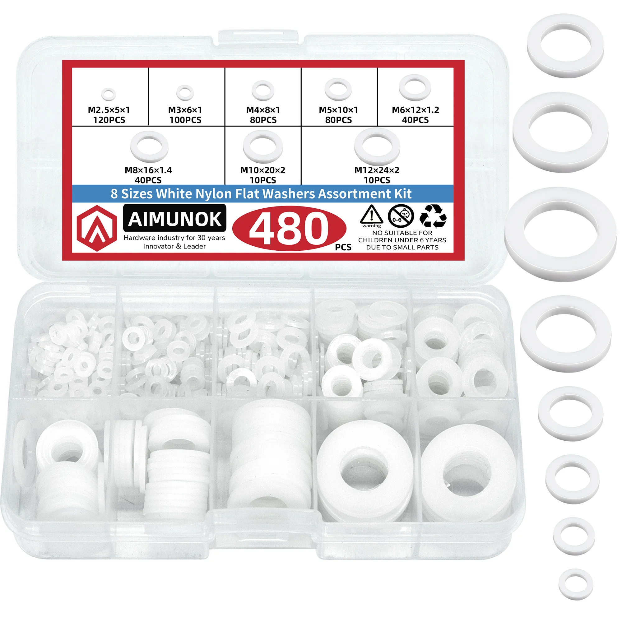 

AIMUNOK плоские нейлоновые шайбы 480 шт., 8 размеров, белые