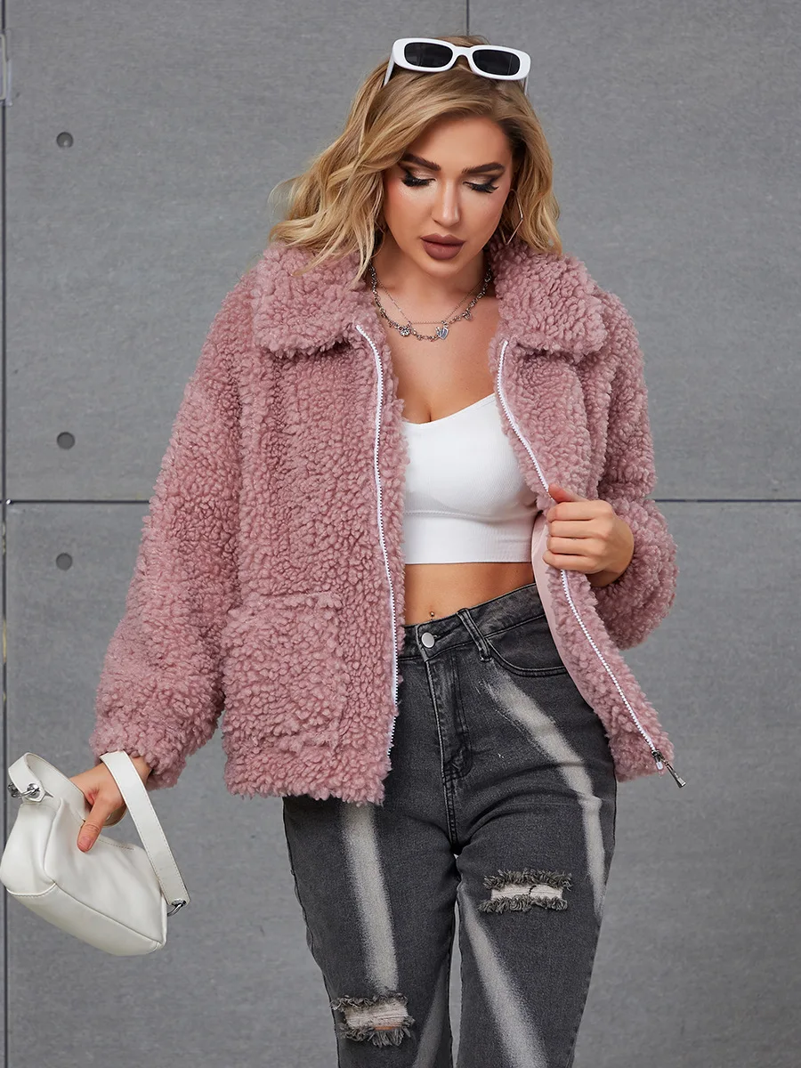 

2022 new faux fur coat women's zipper short women's coat solid color lamb hair