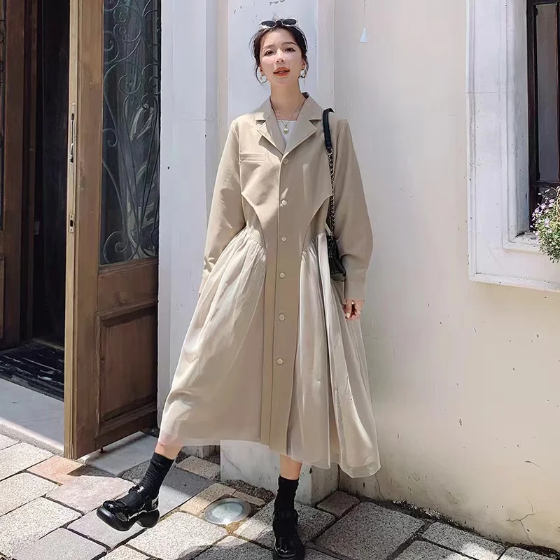 Women's Fashionable Temperament Single-Breasted Suit Collar Trench Coat Stitching Dress Mid-Length Spring Korean Loose Retro AA8